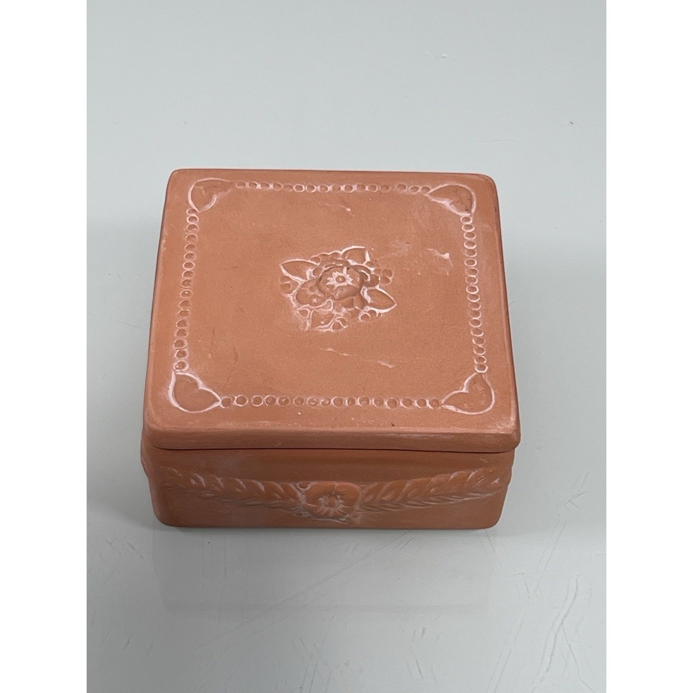 Vintage Terracotta Ceramic Trinket Box Floral Jewelry Vanity With Lid KNOBLER